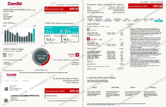 USA ComEd utility bill template in Word and PDF formats, 4 pages, 1-2 pages